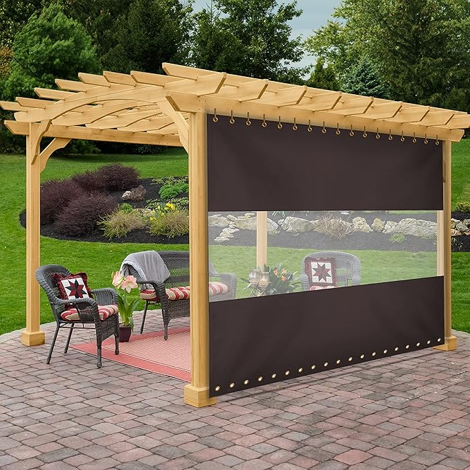 Covers & All Outdoor Clear Panel Curtain, 12 oz Vinyl Outdor Curtains for Patio, Waterproof & Weather Resistant Tarp with Brass Grommets for Pergola, Porch, Gazebos, Balcony (10'H x 9'W feet, Coffee)