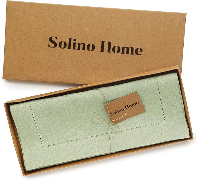 Solino Home Linen Sage Green Table Runner 108 Inches Long - 100% Pure Linen 14 x 108 Inch Table Runner for Spring, Easter, St Patricks Day - Classic Hemstitch