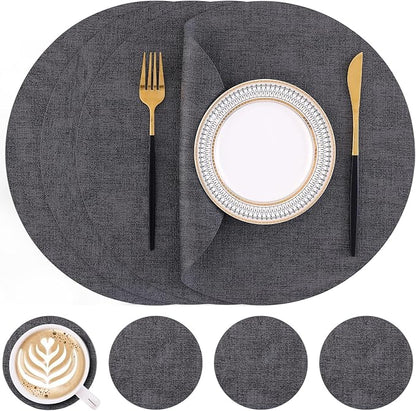 Homaxy Round Faux Leather Placemats and Coasters, Washable Dual-Side Table Mats, Wipeable Heat-Resistant Dining Place Mats for Outdoor and Indoor, Set of 4, Diameter 13 and 3.93 inch, Dark Grey
