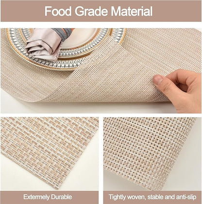 SLKQG Placemats Set of 8 - Easy Clean Washable Vinyl Placemats - Wipeable Heat Resistant Table Mats for Dining Table - 17.7x11.8 Inch (8, Beige)