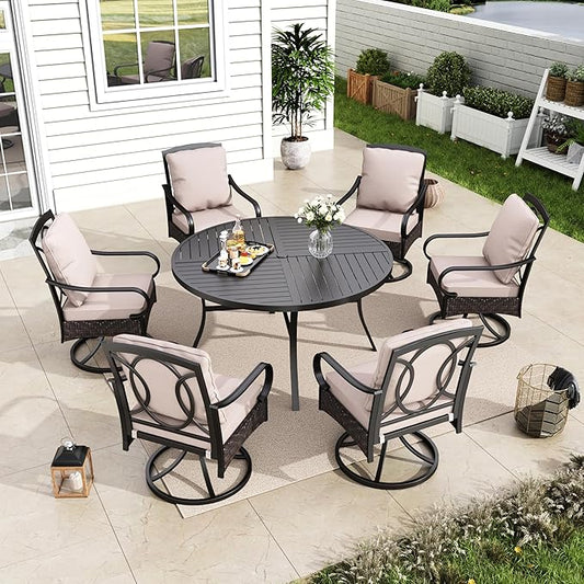 MFSTUDIO 7 Piece Outdoor Patio Dining Sets with Swivel Chairs, 54’’ Large Metal Outdoor Round Dining Table for 6, Round Patio Table and Chairs, Heavy Duty Dining Furniture for Porch, Deck