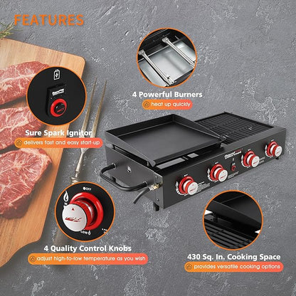 Royal Gourmet GD4002T 4-Burner Tailgater Grill and Griddle Combo, Portable Flat Top Propane Gas Grill with 40,000 BTUs Output for Backyard or Outdoor Cooking, Black