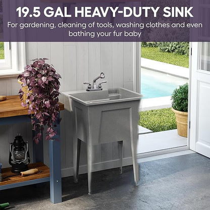 Freestanding Utility Sink with Two Handle Chrome Faucet - 24" Plastic Utility Sink for Garage, Laundry, Indoor and Oudoor Use - Laundry Tub Kit by Noah William Home - Grey (19.5 gal)