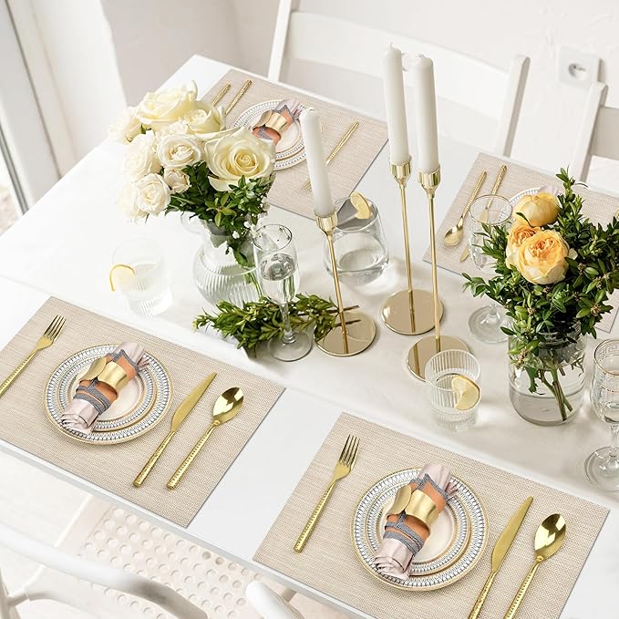 SLKQG Placemats Set of 4 - Easy Clean Washable Vinyl Placemats - Wipeable Heat Resistant Table Mats for Dining Table - 17.7x11.8 Inch (4, Beige)