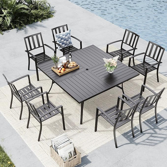 MFSTUDIO Outdoor Dining Set for 8, Patio Dining Set with Square Table, 9 Piece Patio Table and Chairs Set, Metal Outdoor Patio Furniture Set for Deck Backyard Poolside Garden