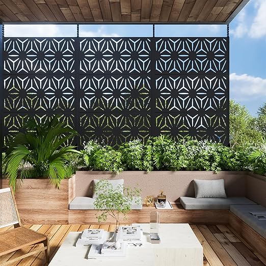 Casaphoria Metal Privacy Screen Outdoor, 72" H x 47" W Freestanding Decorative Privacy Screen for Patio Deck Balcony Garden with Stable Base, Star Black