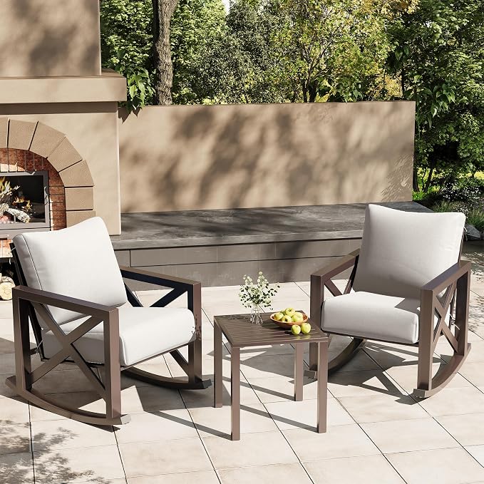 UDPATIO Rocking Chair Outdoor Oversized Metal Bistro Set 6.5" Cushion Beige | 3 - Image 2
