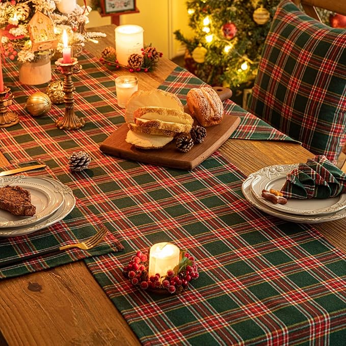 Green Red Plaid Christmas Table Runner, Winter Holiday Table Runners 90 inches Long, Xmas Decorations Indoor Outdoor Farmhouse Home Kitchen Dining Party Decor