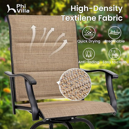 PHI VILLA 3 Piece Outdoor Bar Set, Bar Height Patio Table and Chairs with Brown Padded Textilene Fabric & Rustproof Metal Frame for Backyard, Balcony, Garden & Poolside