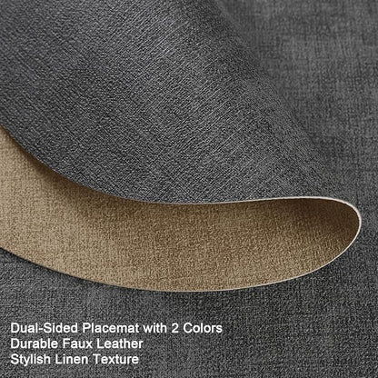 Placemats and Coasters, Washable Reversible Placemats Round Faux Leather Wipeable Place Mats Non Slip Heat Resistant Indoor Outdoor Table Mats (Set of 4, Gray Beige)