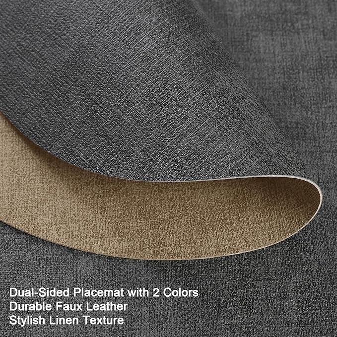 Myir JUN Round Placemats Dual Sided, Faux Leather Place Mats Set of 8 Indoor Placemats for Dining Table Outdoor Non-Slip Washable Table Mats (Set of 8, Gray Beige)
