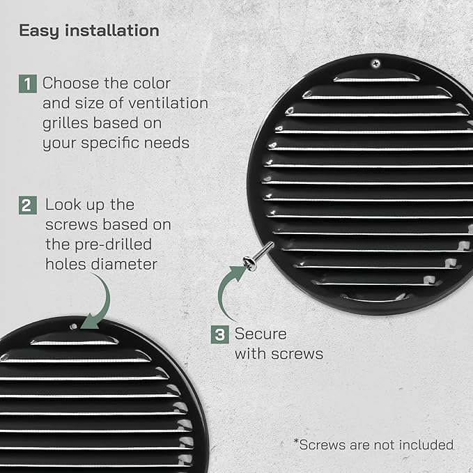 Vent Systems 8" Inch Black Round Soffit Vent Cover - Air Vent Louver with Built-in Mesh Screen – Wall or Ceiling Ventilation Grille for Intake/Exhaust HVAC Systems – Indoor and Outdoor Use