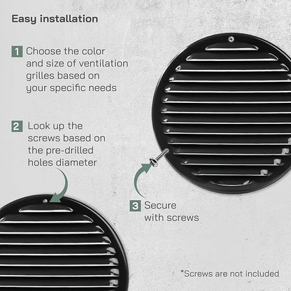 Vent Systems 8" Black Soffit Vent Cover - Pack of 2 - Round Air Vent Louver - Grill Cover - Built-in Insect Screen - HVAC Vents for Bathroom, Home Office, Kitchen