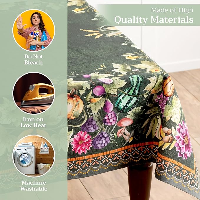 Maison d' Hermine Table Cloth Rectangle Table 100% Cotton 60 x 90 Inches Fall Tablecloth Reusable Everyday Use for Thanksgiving Christmas Decorations Dining Farmhouse (Pumpkin Garden - Dark Green)