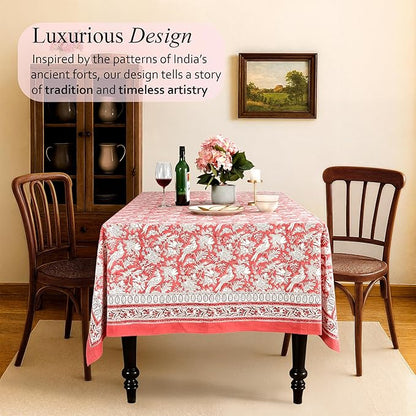 CPC Tablecloth 100% Cotton 60x90 Inch Indian Block Print Rectangle Table Cover, Washable Table Cloth for Weddings, Spring/Summer, Barbeque - Coral Pink
