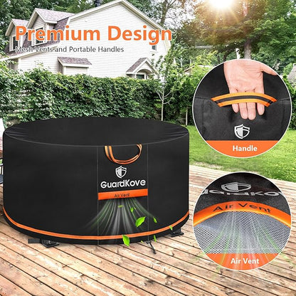 [Upgraded 1000D Heavy Duty Fabric] 44” Fire Pit Cover Round for 42”- 44” Fire Pit/Tables, Waterproof Tear & Fade Resistant Firepit Cover with Buckle, Handle, Drawstring, Air Vent (44”D x 24”H,Black)