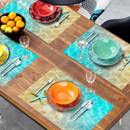 Giwawa Ocean Starfish Placemats Set of 4, Nautical Seashell Coral Coastal Linen Table Place Mats for Kitchen Dining Summer Aquatic Life Decoration, Non-Slip Heat-Resistant Washable, 12" x 18"