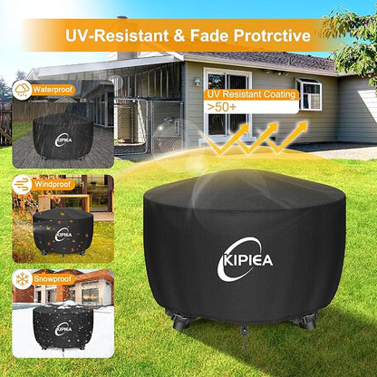 Kipiea Round Fire Pit Cover - 100% Waterproof Upgraded 600D Strong Tear Resistant Firepit Cover, UPF 50+ Outdoor Fire Pit Cover Fading Resistant, 50" Dia X 24" H