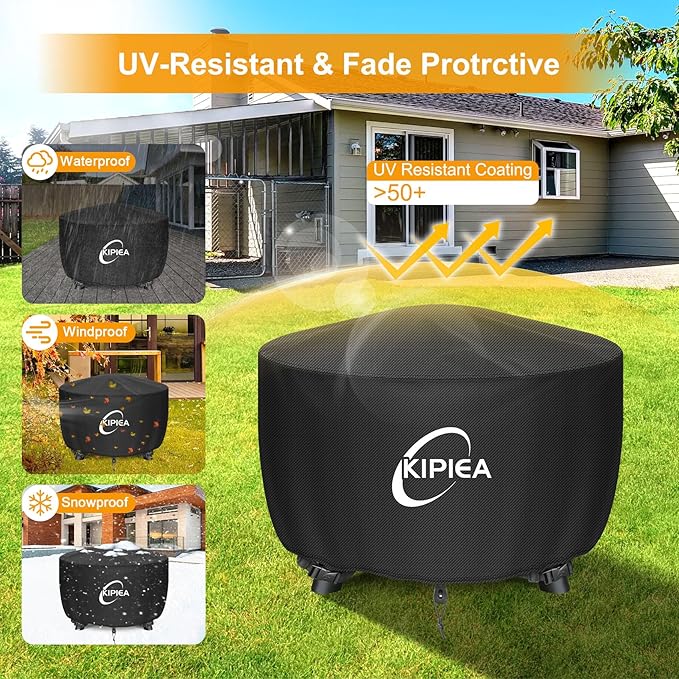Kipiea Round Fire Pit Cover - 100% Waterproof Outdoor Firepit Cover, Upgraded 600D Strong Tear and UV Resistant, 32" Dia X 16" H