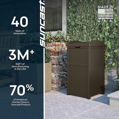 Suncast 33 Gallon Durable Plastic Hideaway Outdoor Garbage Can with Secure Lid and Wicker Design for Home Backyards, Decks, or Patios, Java Brown