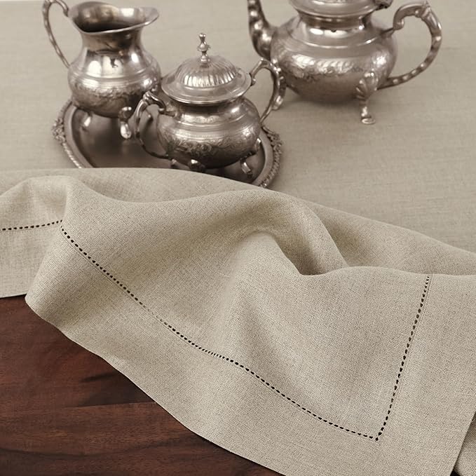 Solino Home Linen Natural Table Runner 132 Inches Long - 100% Pure Linen Extra Long Table Runner 14 x 132 Inch for Spring, Easter - Classic Hemstitch