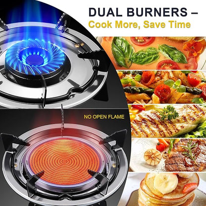 2 Burner Propane Gas Stove, 20472 BTU/h Portable Tempered Glass Camping Stove with Infrared and Blue Flame, Auto-Ignition, Portable BBQ Propane for Cooking, Outdoor, Camping, RV & Emergency Use