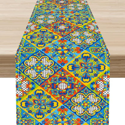 Mexican Table Runner, Blue Rustic Mexico Talavera Ceramic Hand Painted Tiles Cinco De Mayo Coffee Table Center Decor for Family Kitchen and Dining Patio Indoor Outdoor Table Decorations, 13" X 36"
