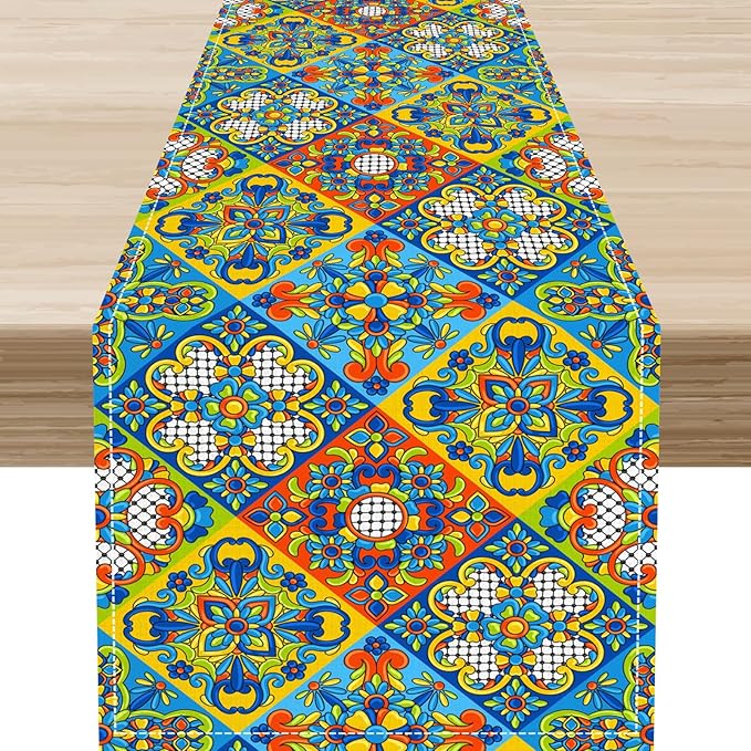 Mexican Table Runner, Blue Rustic Mexico Talavera Ceramic Hand Painted Tiles Cinco De Mayo Coffee Table Center Decor for Family Kitchen and Dining Patio Indoor Outdoor Table Decorations, 13" X 72"