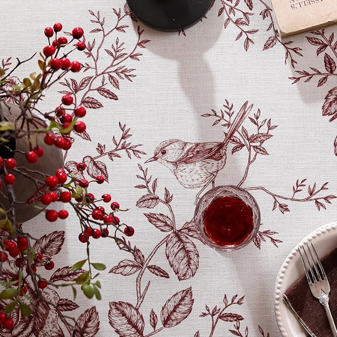 ISAENNE Designer Vintage Linen Extra Long Rectangle Tablecloth,Red Floral Pattern Linen Stain Resistant Table Cloth,Decor Tablecloths for Dining Thanksgiving Kitchen Party,67"*118"-Harmony