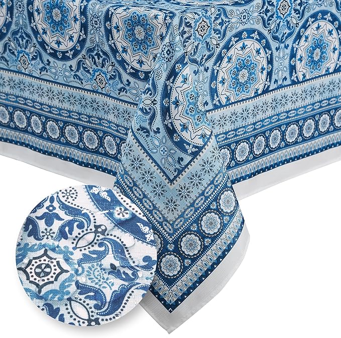 Elrene Home Fashions Vietri Medallion Blue Coastal Block Print Stain & Water Resistant Indoor/Outdoor Fabric Rectangle Tablecloth, 60"x84"