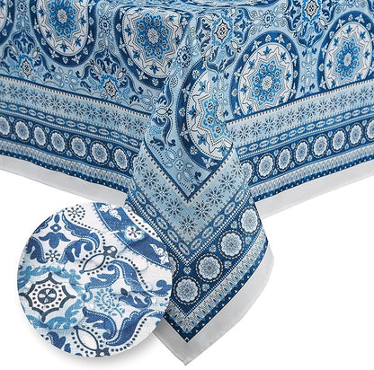Elrene Home Fashions Vietri Medallion Blue Coastal Block Print Stain & Water Resistant Indoor/Outdoor Fabric Rectangle Tablecloth, 60"x84"