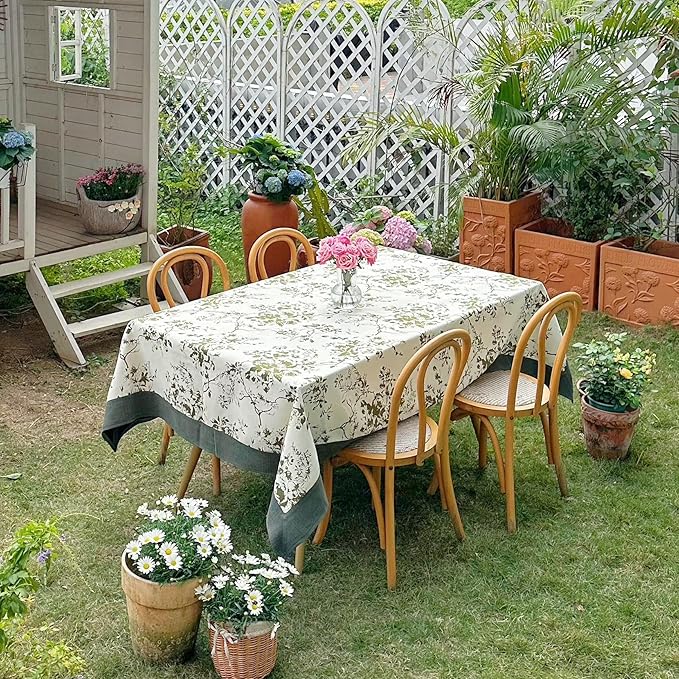 Spring Rectangle Tablecloth, French Jacquard Green Table Cloth, Vintage Floral Country Table Cover for Dining, Farmhouse, Outdoor - 54''x72''