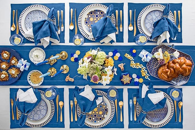 Solino Home Linen Indigo Blue Table Runner 72 Inches Long - 100% Pure Linen Hemstitch Table Runner 14 x 72 Inch for Dresser, Dining, Winter, Spring, Easter - Classic Hemstitch