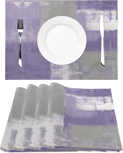 Modern Art Placemats Set of 4 Purple Abstract Painting Place Mats Washable Linen Grey Placemat for Dining Table Kitchen Party Home Decor 18x12 Inches