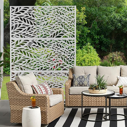 Metal Privacy Screen for Outdoor & Indoor Use, Free Standing Privacy Screen for Patio Garden Pool, 72" H x 47" W Decoative Privacy Panels, Weather Resistant, Easy Assembly (White Spring)