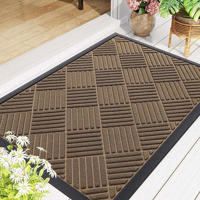 Smiry Front Door Mat Outside Entrance, Heavy Duty Outdoor Indoor Natural Rubber Doormat, Non Slip, Trap Dirt and Moisture, Easy Clean, Low Profile Patio Porch Entryway Mat, 47x23, Brown