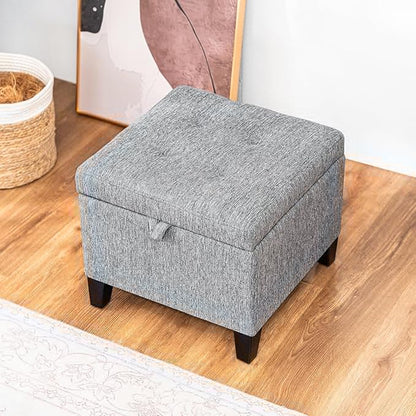 Adeco 17" Square Ottoman with Storage, Small Grey Storage Ottoman Foot Rest with Hinged Lid & Solid Wood Legs, Linen Fabric Foot Stool for Living Room & Bedroom