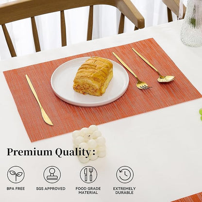 Leetaltree Orange Placemats Set of 4 - Heat Resistant Non-Slip Place mats for Dining Table, Washable Durable PVC Vinyl Woven Table Mats（Orange, 4）