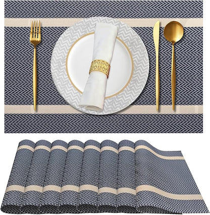 Vinyl Placemats Set of 8, PVC Woven Washable Non-Slip Table Mats, Heat Resistant Wrinkle Free Place Mats for Dining Table, Easy to Clean (Dark Blue)