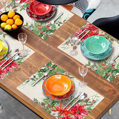 Giwawa Poinsettia Placemats Set of 4, 12x18 Inch Watercolor Christmas Red Floral Linen Table Mats for Kitchen Dining, Winter Holly Berry Pine Cones Washable Heat Resistance for Party Holiday Decor