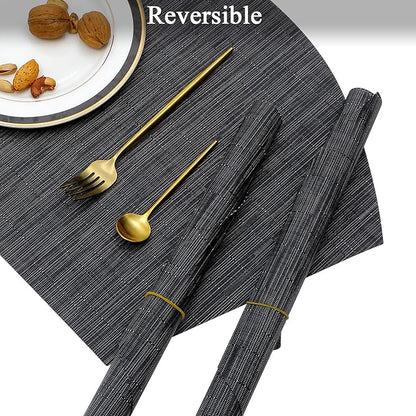SHACOS Large Size Wedge Placemats with Centerpiece Round Mat Set of 5 Round Table Place Mats Washable Dining Table Placemats Reversible Durable, Black Gray