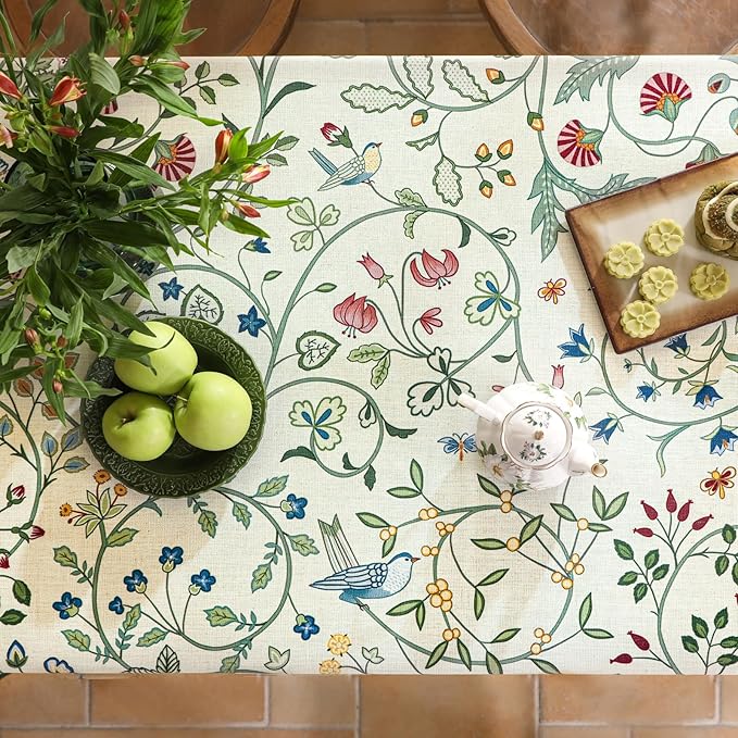 Linen Table Cloth Rectangle,Wrinkle Resistant French White and Green Tablecloth Print with Froal,Decor Stitch Table Cloth for Thanksgiving,Dining Room,Home,55" × 71"-Idaho A