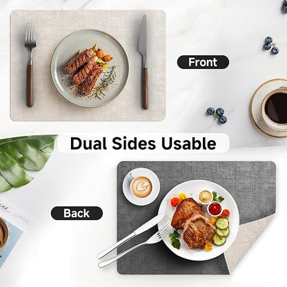 Faux Leather Vinyl Placemats Set of 4 Wipeable Heat Resistant Place Mats 100% Washable - Waterproof - Anti Slip Reversible Table Mats for Kitchen/Dining/Party/Outdoor, 12" x 16.5", Beige & Black