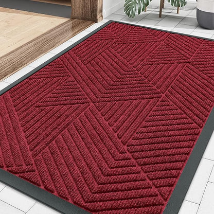 Smiry Front Door Mat Outside Entrance, Heavy Duty Sturdy Natural Rubber Doormat, Trap Dirt and Moisture, Easy Clean Low Profile Mats for Indoor Outdoor Entry, Irregular Triangle (36x24, Wine Red)