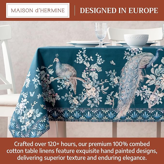 Maison d' Hermine Premium Table Cloth Rectangle Table 100% Combed Cotton 90 x 70 Inches Tablecloth Reusable Decorative for Dining Room, Farmhouse, Party, Festive & Wedding - Peacock Utopia - Deep Sea