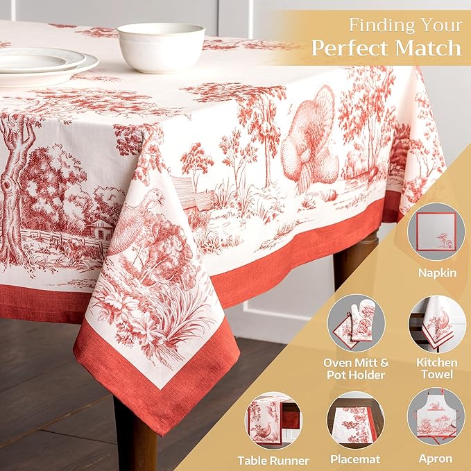 Maison d' Hermine Table Cloth Rectangle Table 100% Cotton 70 x 120 Inches Fall Tablecloth Reusable Everyday Use for Thanksgiving Christmas Decorations Dining Farmhouse Party (Holy Jouy - Red)
