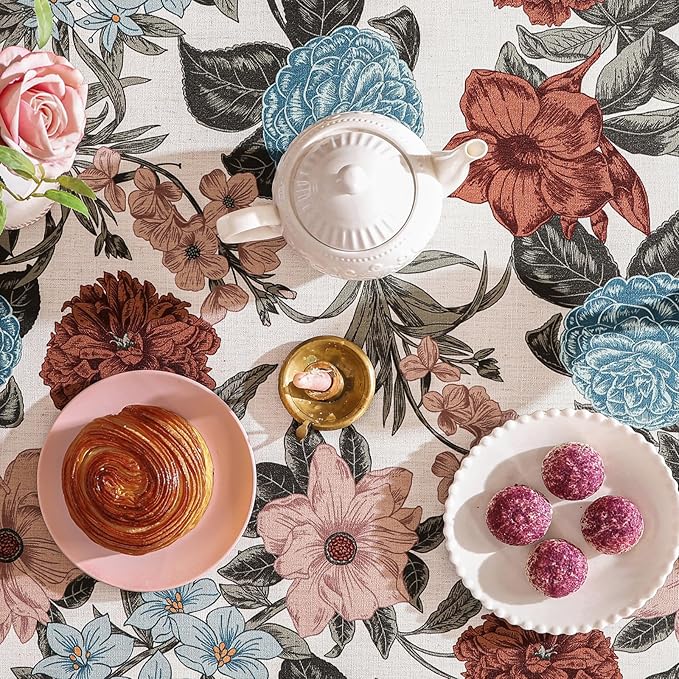 Designer French Linen Tablecloth for Rectangle Table,Red and Blue Floral Rustic Durable Tablecloths,Decor Table Cover for Kitchen,Dining,Thanksgiving,Home,55" × 87"-Burgundyred