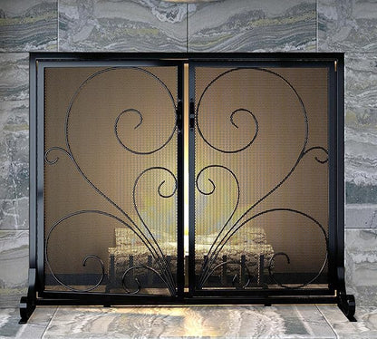 Flat Fireplace Screen with Doors,Solid Wrought Iron Frame with Metal Mesh, Flat Panel Decorative Fireplace Screen with Scroll Design, Free Standing Spark Guard