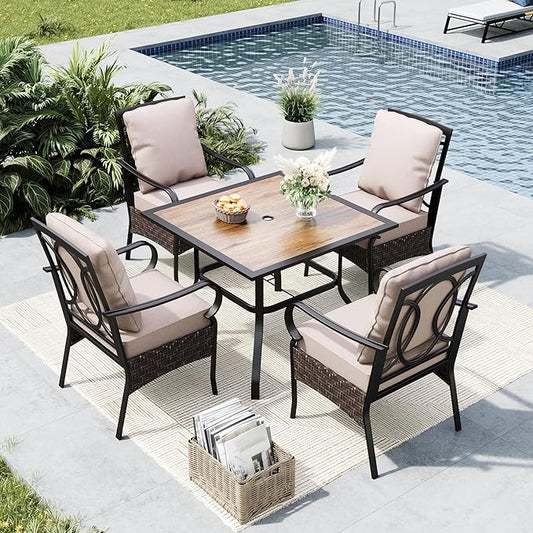 MFSTUDIO 5 Pieces Patio Dining Set, Outdoor 37" Square Wood-Like Table with Chairs, Patio Table and Chairs for 4, All Weather Outdoor Dining Furniture Set, Deck, Porch