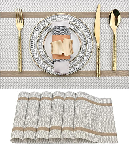 SLKQG Beige White Placemats Set of 6 - Easy Clean Modern Durable Washable Vinyl Place Mats - Heat Resistant Placemats for Kitchen Table - PVC Table Mats for Dining Table (Beige White with Stripes, 6)